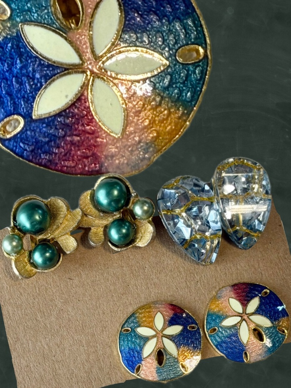 VINTAGE MCM Under the Sea earring trio set estate jewelry clip sand dollar shell